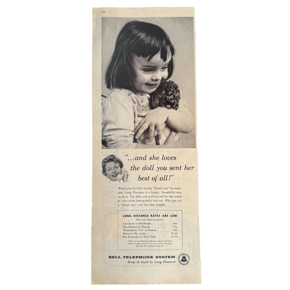 Vintage 1960 Bell Telephone System Girl with Doll Long Distance Ad Print